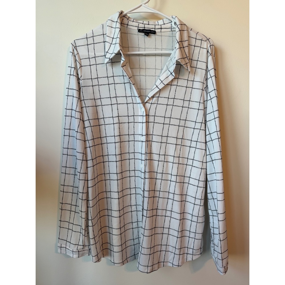 Adrianna Papell Womens Large White Black Grid Chain Print Button Down Blouse